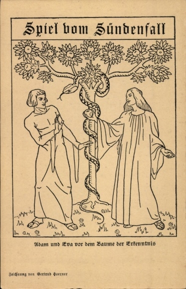 Artist Postcard Hürner, G., Play of the Fall of Man, Adam and Eve in front of the Tree of Knowledge