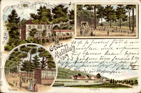 Chromo-Litho Reitling im Elm Erkerode Lower Saxony, pond area, Voss Cave, terrace