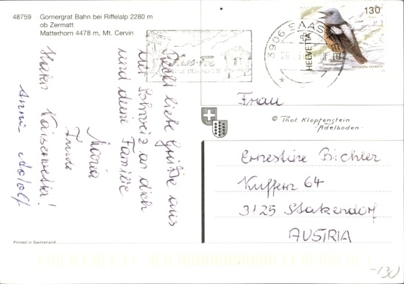 Postcard Zermatt Canton Valais, Matterhorn, Gornergrat Railway