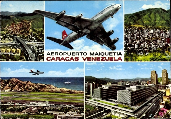 Postcard Caracas Venezuela, airport, airplanes, cityscape, coastline, mountains
