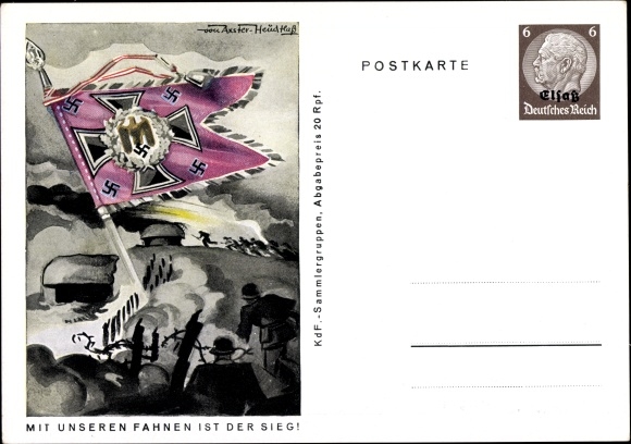 Postal stationery artist PC Axster Heudtlass, with our flags is victory, storming the bunker