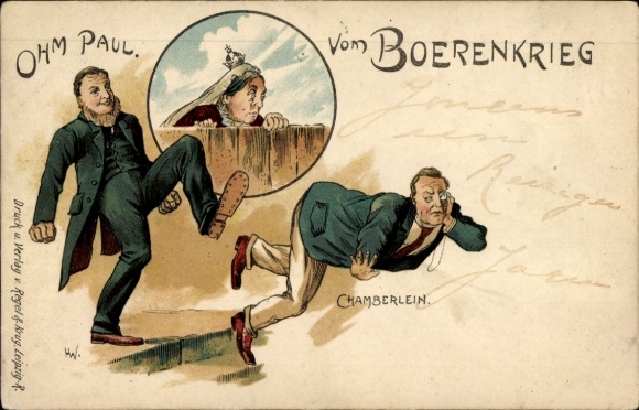 Litho Burenkrieg, Ohm Paul, Chamberlain, Königin Victoria, Karikatur