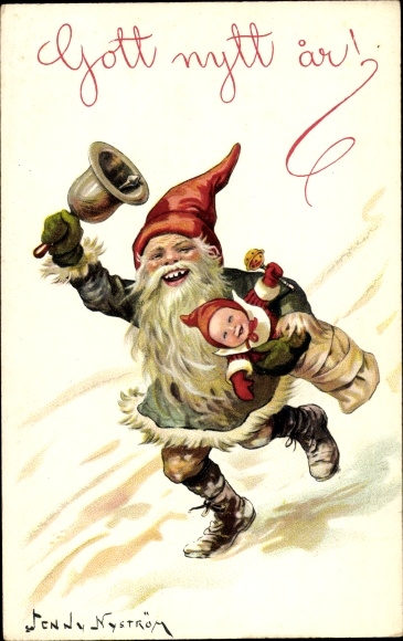 Artist PC Nyström, Jenny, Happy New Year, dwarf with baby and bell