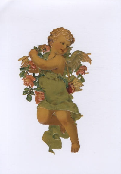 Oblate Angel with Rose Vine, Arrow and Quiver, approx. 21 x 12 cm