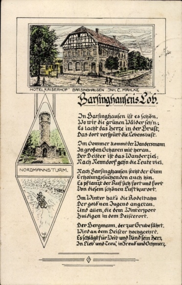 Ak Barsinghausen am Deister, Hotel Kaiserhof, Nordmanns-Turm, Gedicht