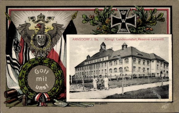 Passepartout Ak Arnsdorf in Sachsen, Königl. Landesanstalt, Reserve-Lazarett