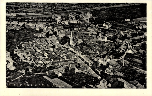 Ak Kuppenheim im Murgtal Schwarzwald, Luftaufnahme von  Häuser und Kirche sichtbar, Schwarz-Weiß,