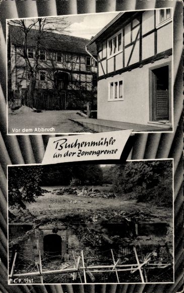 Postcard Soisdorf Eiterfeld in Hesse, Buchenmühle, zone border, before demolition