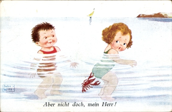 Artist Postcard Wills, John, Bathing Children, Lobster