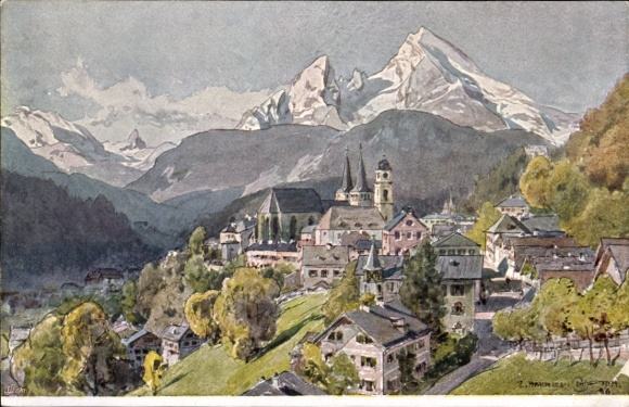 Kunstenaarsbriefkaart Compton, Edward Harrison, Berchtesgaden in Opper-Beieren, panorama