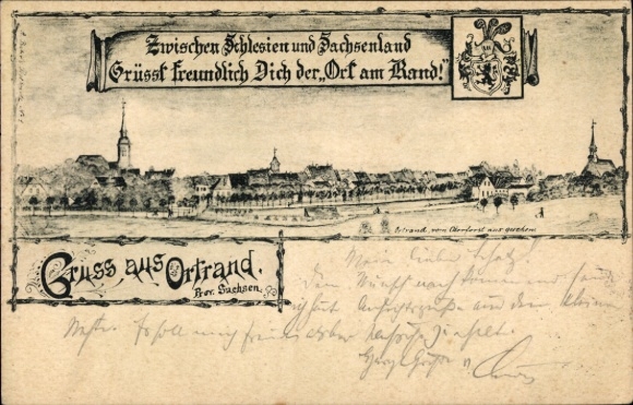 Chromo-Litho edge of town in Lower Lusatia, general view, coat of arms