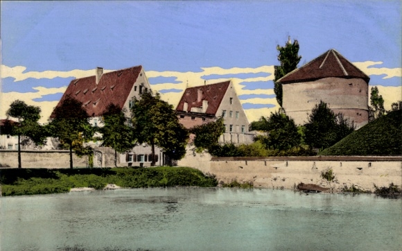Postcard Augsburg in Swabia, Oblatter Wall, water, trees, buildings