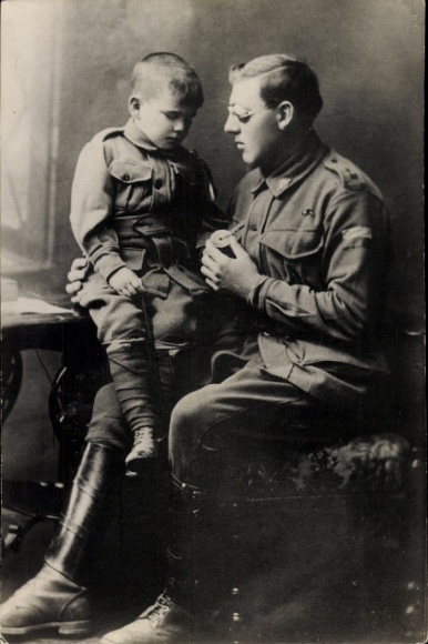 Photo Postcard Wounded British Soldier and Boy in Uniform