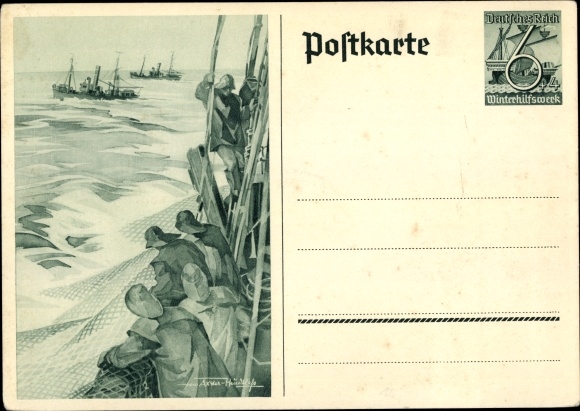 Postwaardestuk ansichtkaart Axster Heudtlass, vissers op volle zee, vissersboten