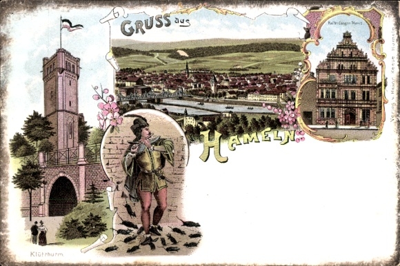 litho Hameln in Nedersaksen, rattenvangerhuis, Klütturm, algemeen beeld, rattenvanger