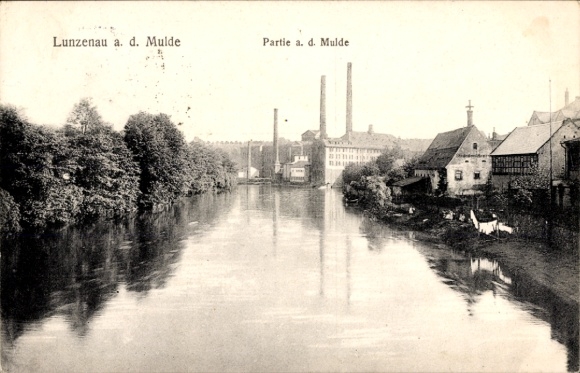Postcard Lunzenau in Saxony, on the Mulde, factory