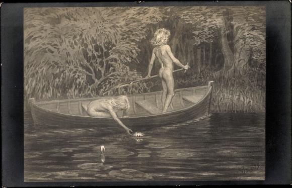 Art Nouveau kunstenaar Ak Fidus, waterlelies, natuurkinderen, boot nr. 50