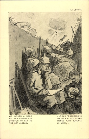 Artist PC German soldier writes a letter in the trenches, Franz. Red Cross, propaganda