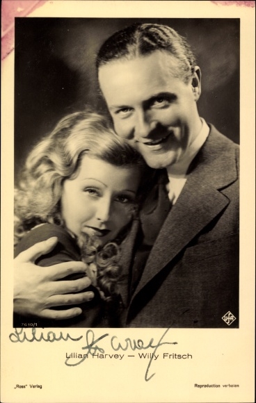 Postcard actress Lilian Harvey, actor Willy Fritsch, portrait, Ufa Film, autograph WF