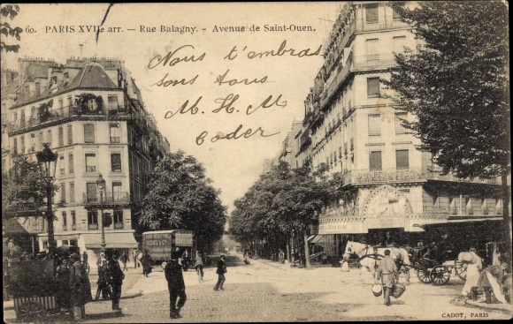 Ansichtkaart Parijs XVII., Rue Balagny, Avenue de Saint Ouen, door paarden getrokken omnibus