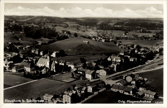 Postcard Hausham in Upper Bavaria, aerial view of Hausham, Schliersee, many houses, landscape