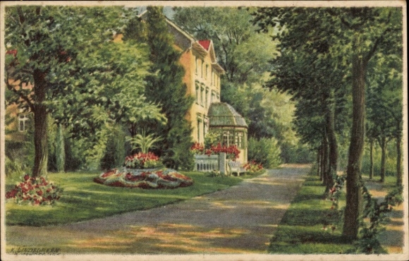 Artist Postcard Lindegreen, K., Bad Salzschlirf in Hesse, partial view, garden