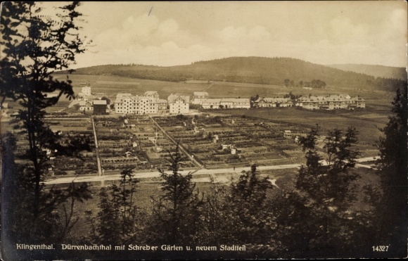 Ak Klingenthal in Vogtland Saksen, Dürrenbachtal met volkstuinen en een nieuwe wijk