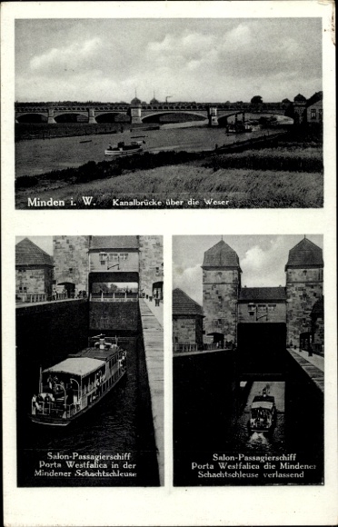 Postcard Minden in Westphalia, canal bridge, salon passenger ship Porta Westfalica, shaft lock