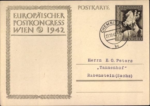 Ganzsachen Ak Europäischer Postkongress Wien 1942