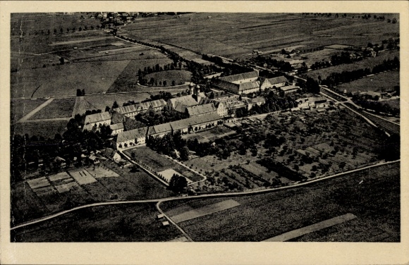 Postcard Benediktbeuern in Upper Bavaria, aerial view of the monastery, wide fields, trees, gardens