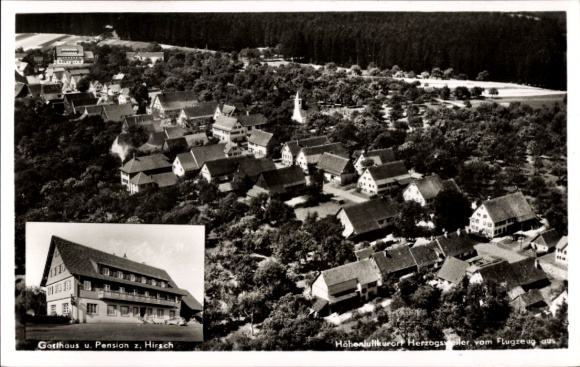 Postcard Herzogenweiler Villingen Schwenningen in the Black Forest, aerial photograph, Gasthaus zum Hirsch
