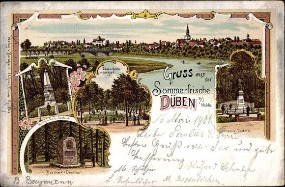 Chromo-Litho Bad Düben an der Mulde, Germania memorial, Bismarck memorial, view of the town