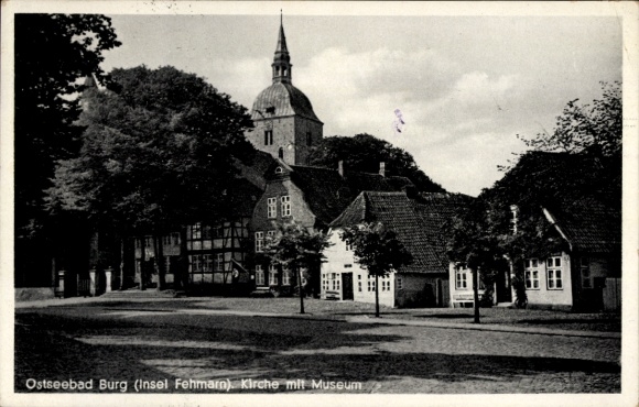 Postcard Castle on the island of Fehmarn, square with church and museum