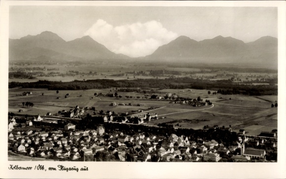 Postcard Kolbermoor in Upper Bavaria, landscape of mountains in the background, rural surroundings