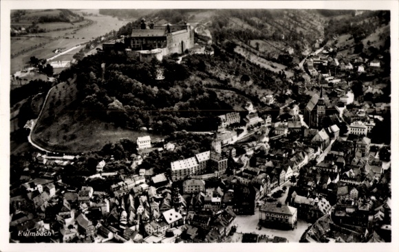 Postcard Kulmbach in Upper Franconia, aerial view of castle river, landscape