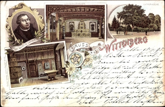 Lithograph Lutherstadt Wittenberg, Dr. Martin Luther, Luther room, Luther oak, Luther cath