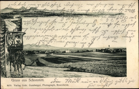 Passepartout Postcard Schonstett Schonstätt Upper Bavaria, Fernblick zum Ort, Carriage