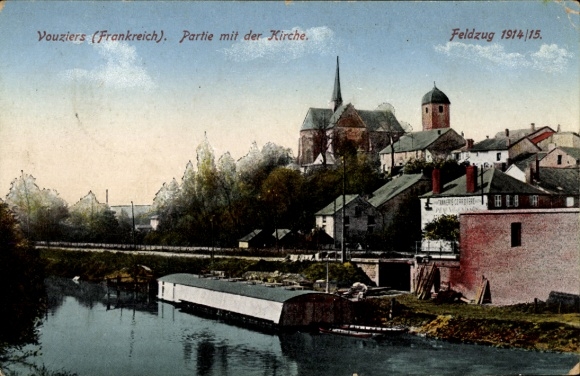 Ak Vouziers Ardennes,  Kirche, Wasserweg, Feldzug 1914/15