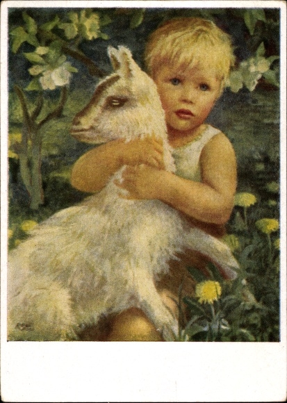 Artist PC Popp, Rosl, village spring, child with young goat, HDK 1019