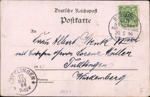 litho Berlin Treptow, handelstentoonstelling 1896, hoofdgebouw, engel, kroon, vlaggen, portret