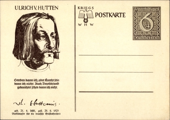 Postal stationery PC Ulrich von Hutten, 7 war WHW 1940, Dresden