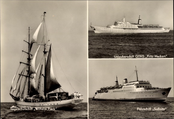 Postcard FDGB vacation ship Fritz Heckert, ferry Sassnitz, sail training ship Wilhelm Pieck