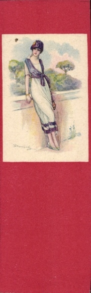 Artist Postcard Bompard, Sergio, Lady in a white and blue dress leaning against a wall