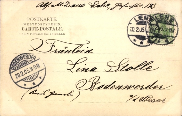 Ansichtkaart Bremerhaven, schip in de haven, uit 1902, groeten van Minna