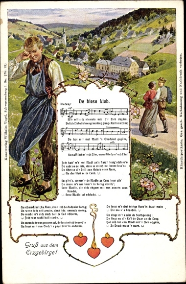 Song Postcard De biese Lieb, Wilhelm Vogel, Erzgebirge, lovers, crying man