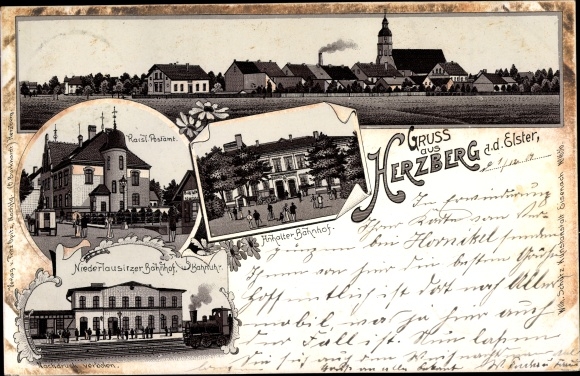 Chromo-Litho Herzberg an der Elster, Lower Lusatia train station, quays. Post Office, Anhalter Bahnhof, Panorama