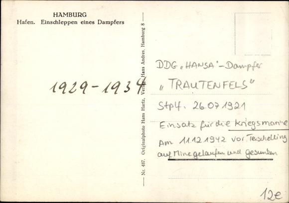 Ansichtkaart Hamburger Hafen, stoomschip Trautenfels, DDG Hansa, slepend