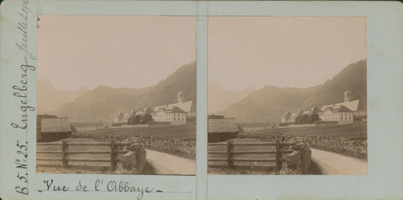 Stereo photo Engelberg Kt. Obwalden Switzerland, view of the monastery, 1900
