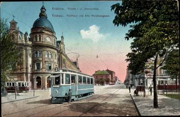 Postcard Kraków Cracow Poland, Post House and Alte Weichselgasse, tram