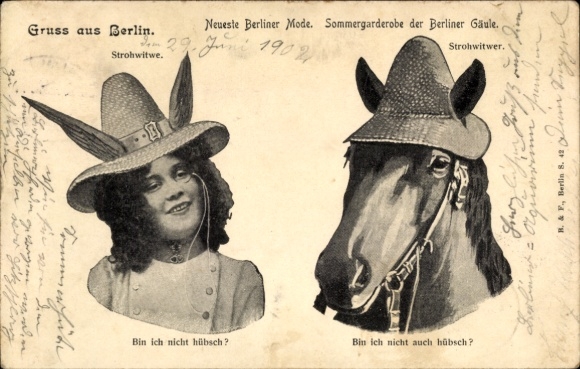 PC Berlin, Latest Berlin Fashion 1901, straw widow, straw widower, horse, hats, humor